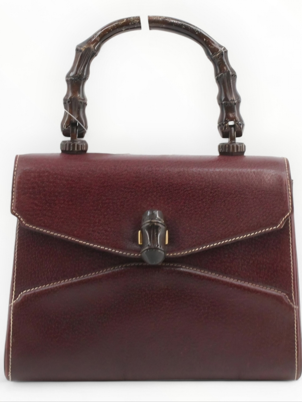 GUCCI Rare Top Handle Bamboo Bag Burgundy Leather Vintage